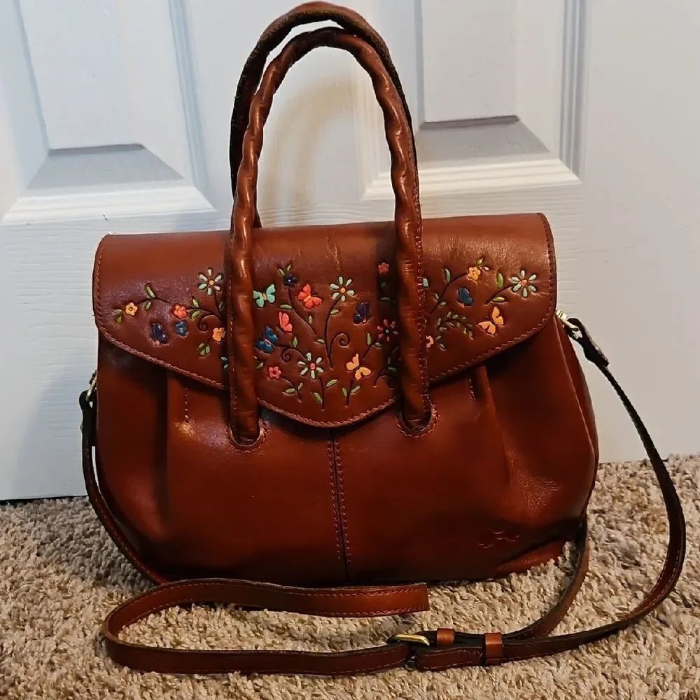 Patricia Nash Brown Leather Painted Floral Convertible Handbag/ Crossbody
